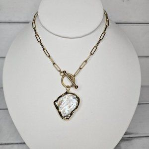 Gold Stainless Steel Paper Clip Freshwater Genuine Biwa Toggle Necklace 16"